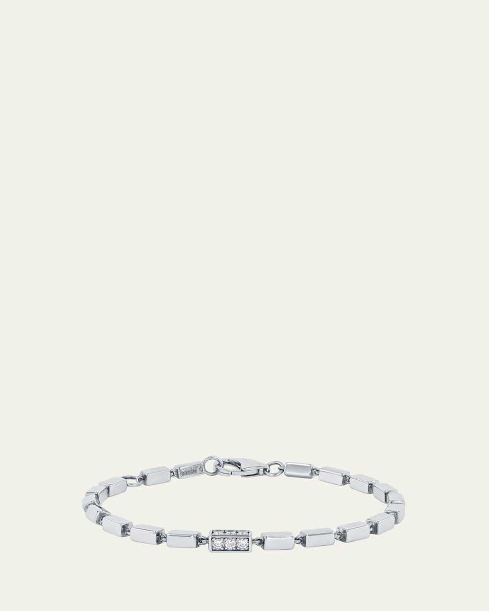 18K White Gold Block Chain Thick Bracelet with Pave Diamond Rectangle Link